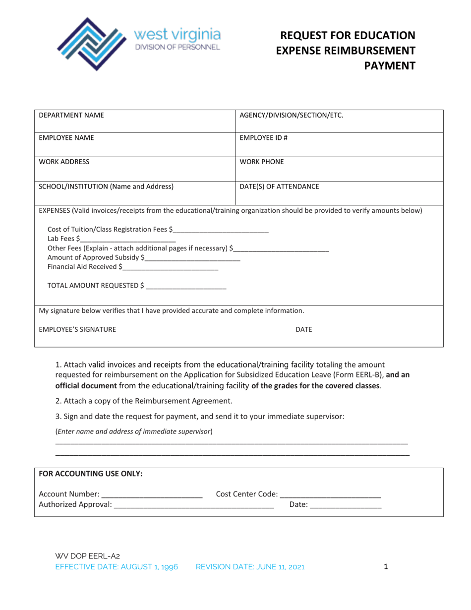 Form WV DOP EERL-A2 Request for Education Expense Reimbursement Payment - West Virginia, Page 1