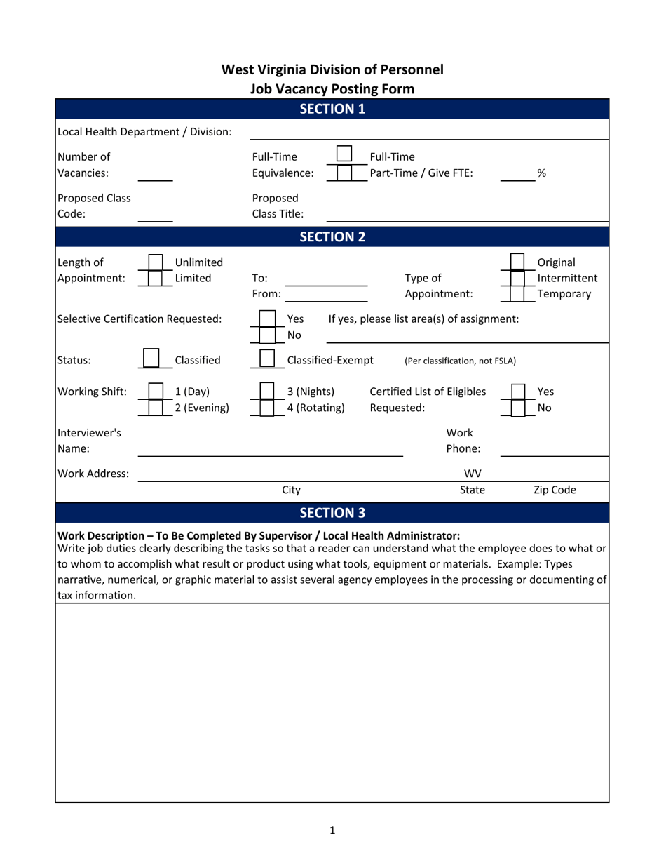 Job Vacancy Posting Form - West Virginia, Page 1