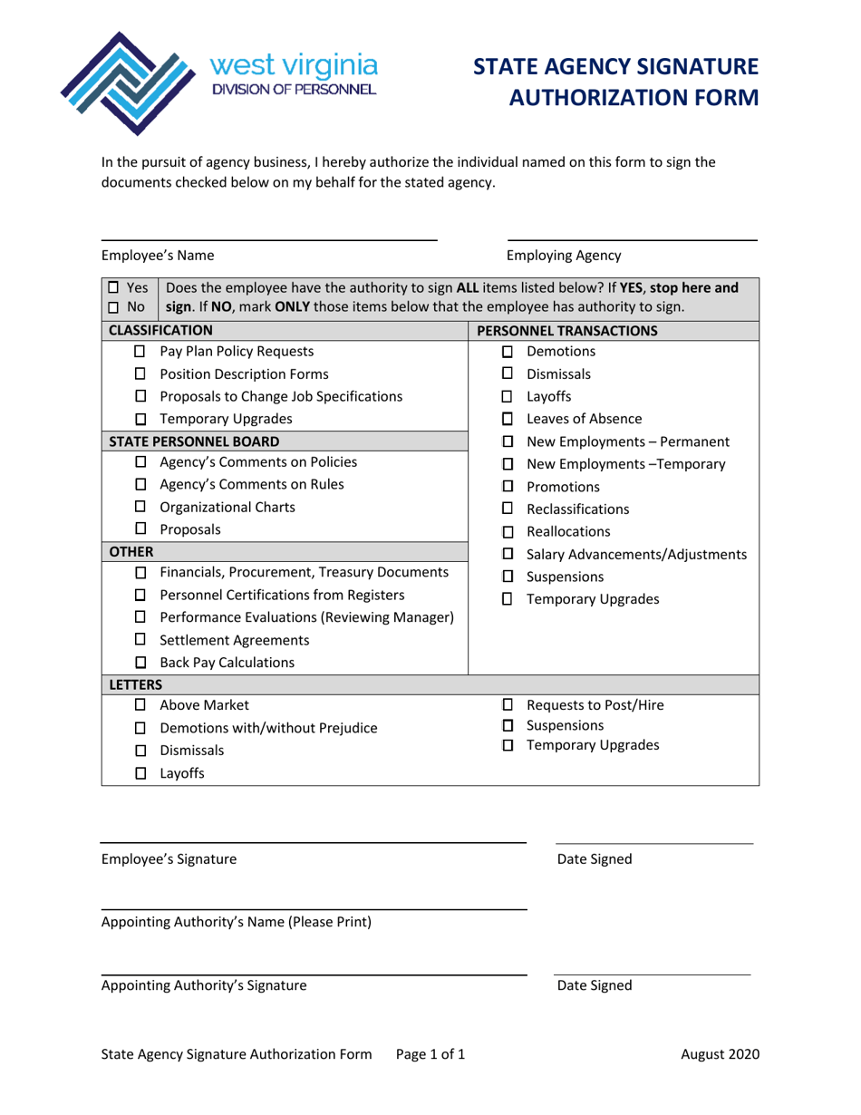 State Agency Signature Authorization Form - West Virginia, Page 1