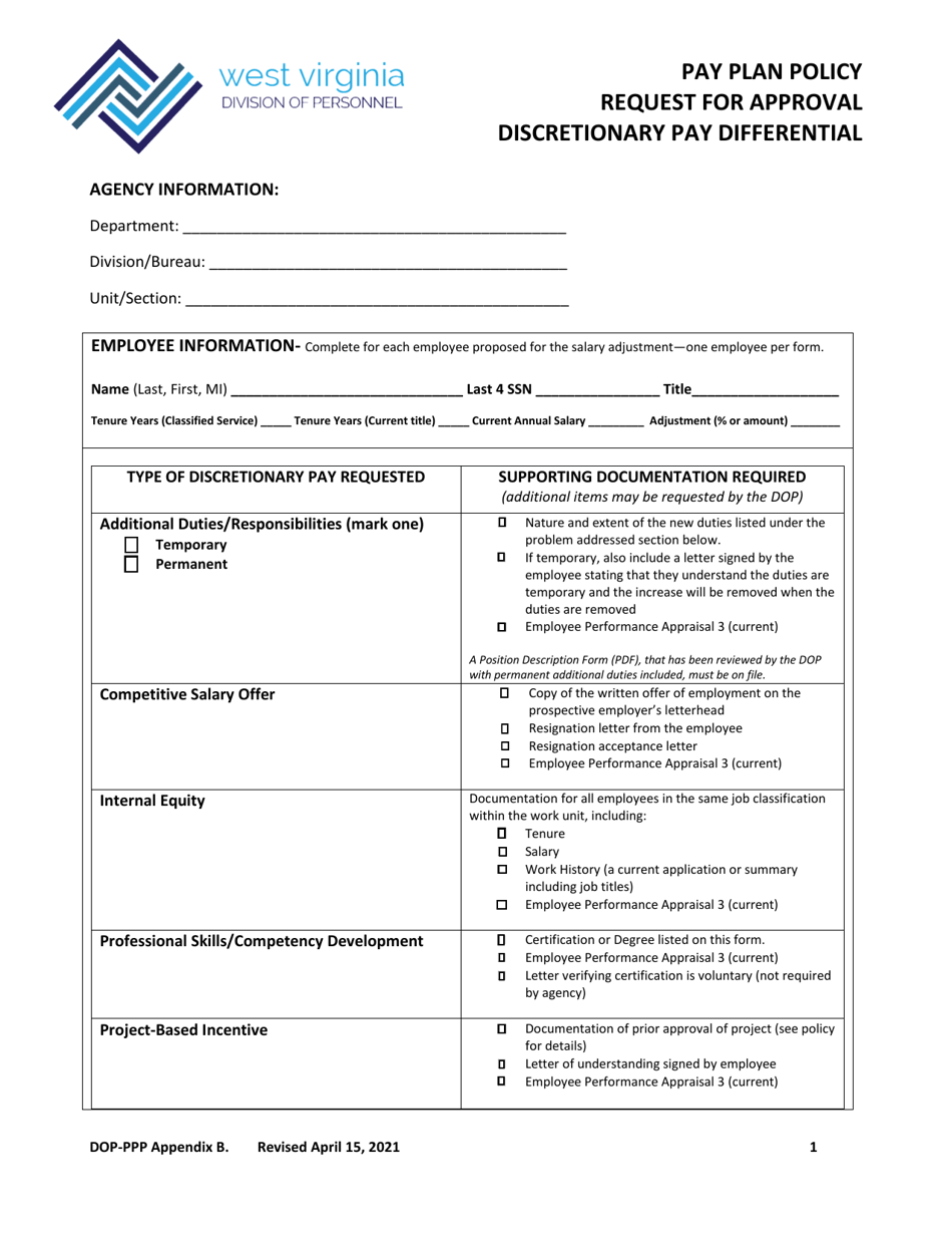 Form DOP-PPP Appendix B Pay Plan Policy Request for Approval Discretionary Pay Differential - West Virginia, Page 1