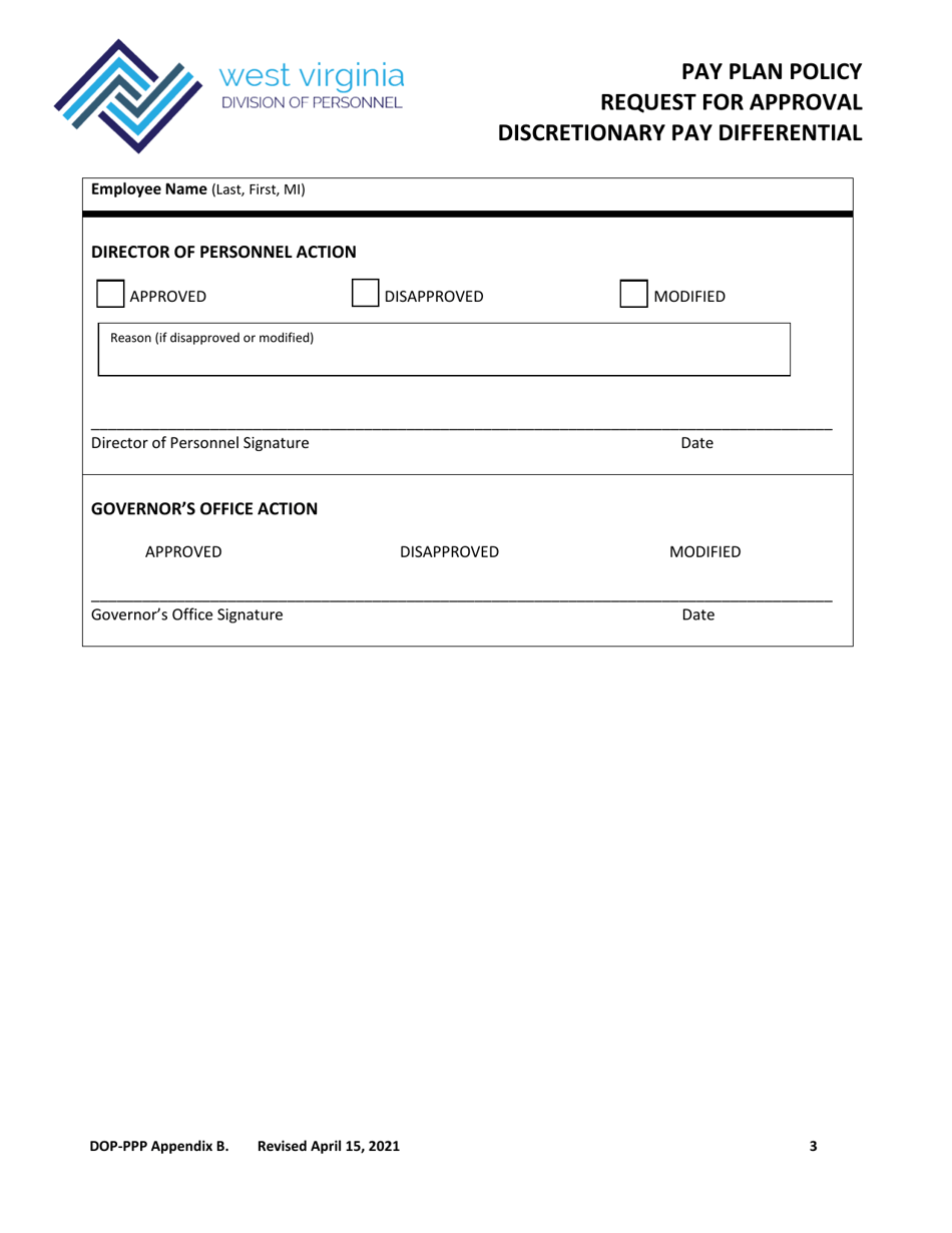 Form DOP-PPP Appendix B Pay Plan Policy Request for Approval Discretionary Pay Differential - West Virginia, Page 3