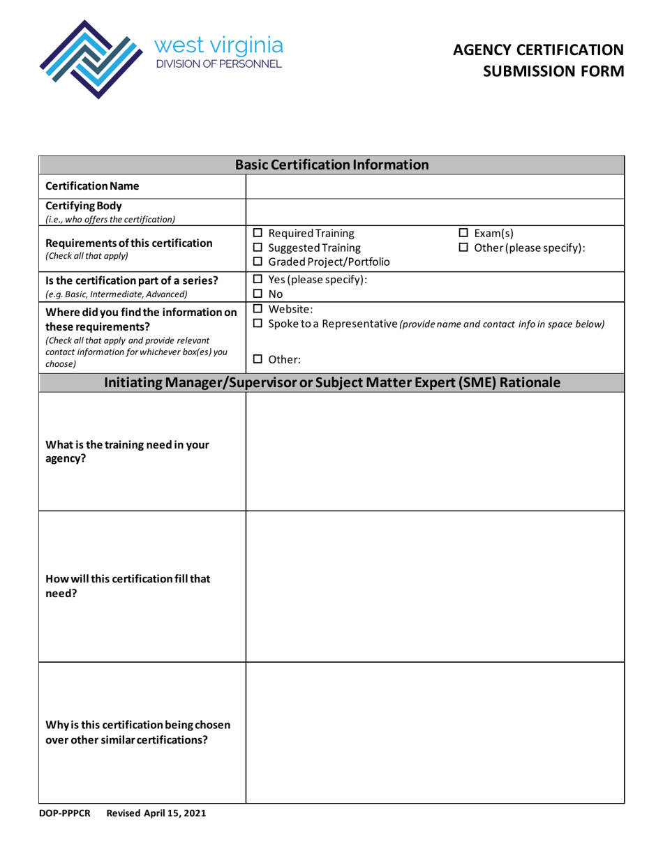 Form DOP-PPPCR Agency Certification Submission Form - West Virginia, Page 1