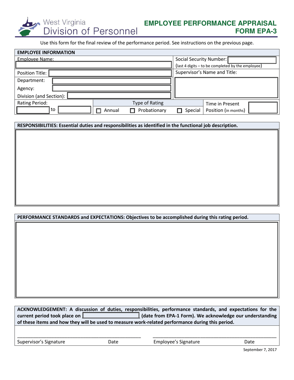 Form EPA-3 Employee Performance Appraisal - West Virginia, Page 1
