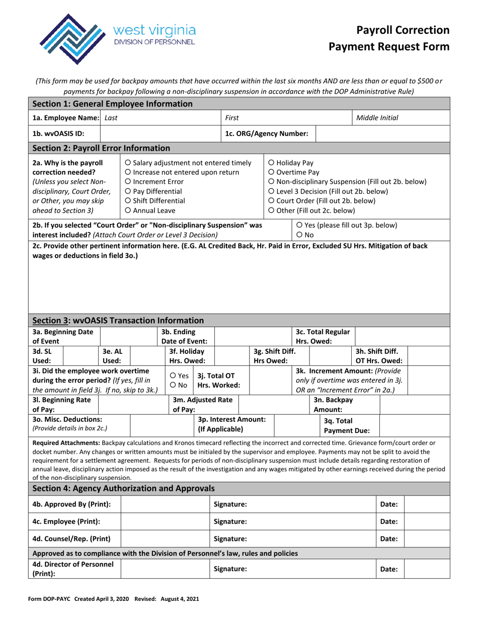 Form DOP-PAYC Payroll Correction Payment Request Form - West Virginia, Page 1