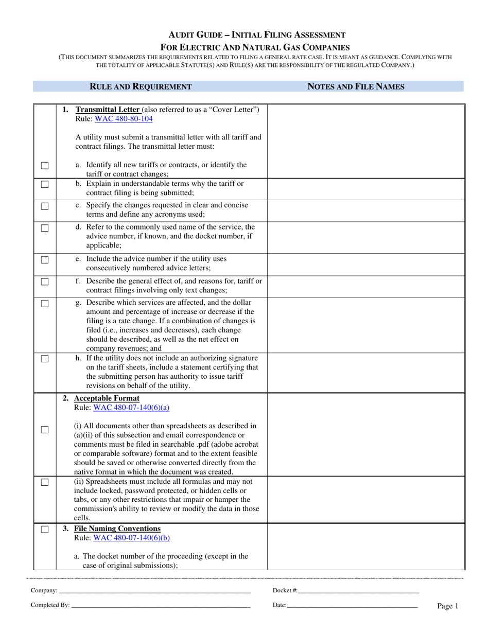 Audit Guide - Initial Filing Assessment for Electric and Natural Gas Companies - Washington, Page 1