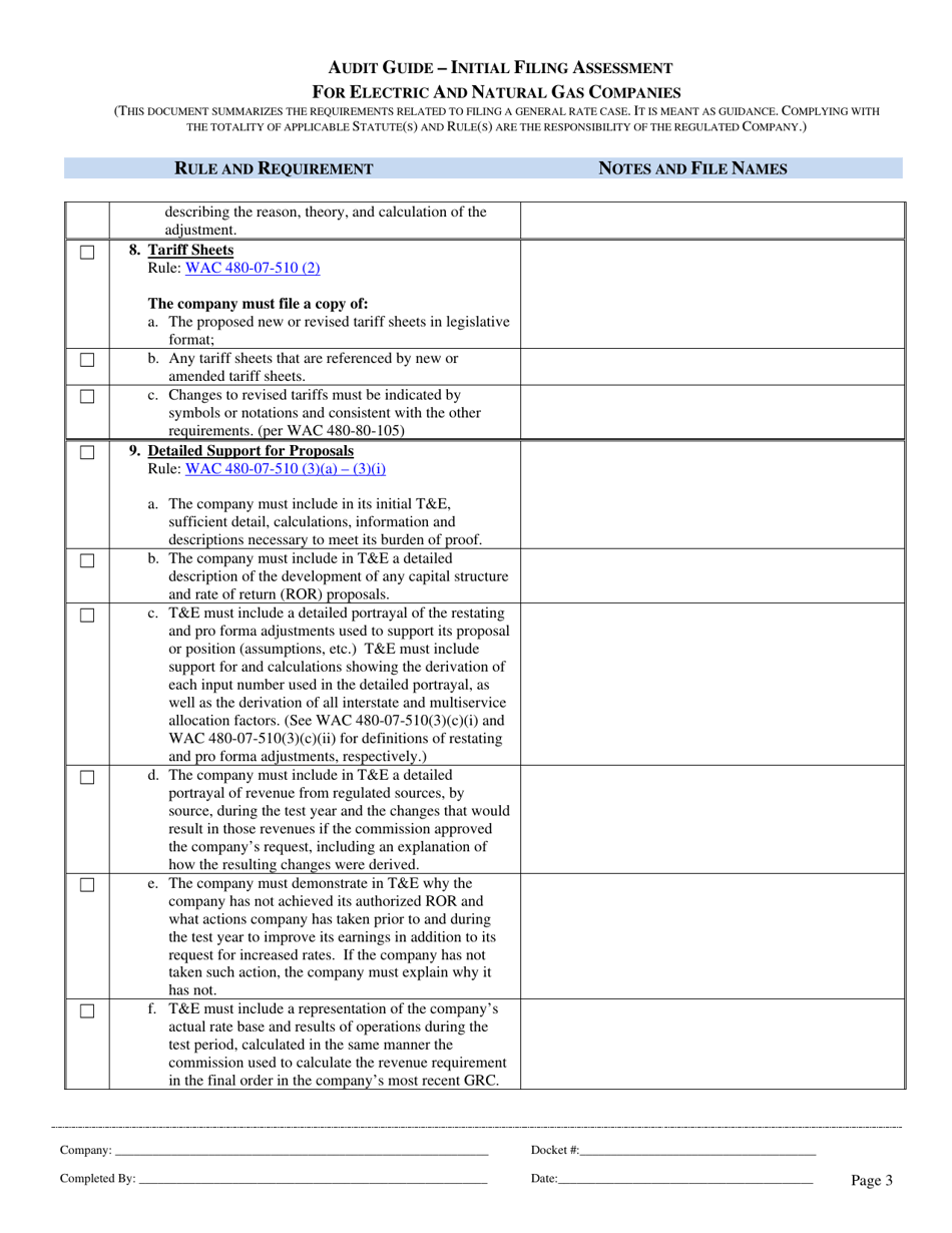 Audit Guide - Initial Filing Assessment for Electric and Natural Gas Companies - Washington, Page 3
