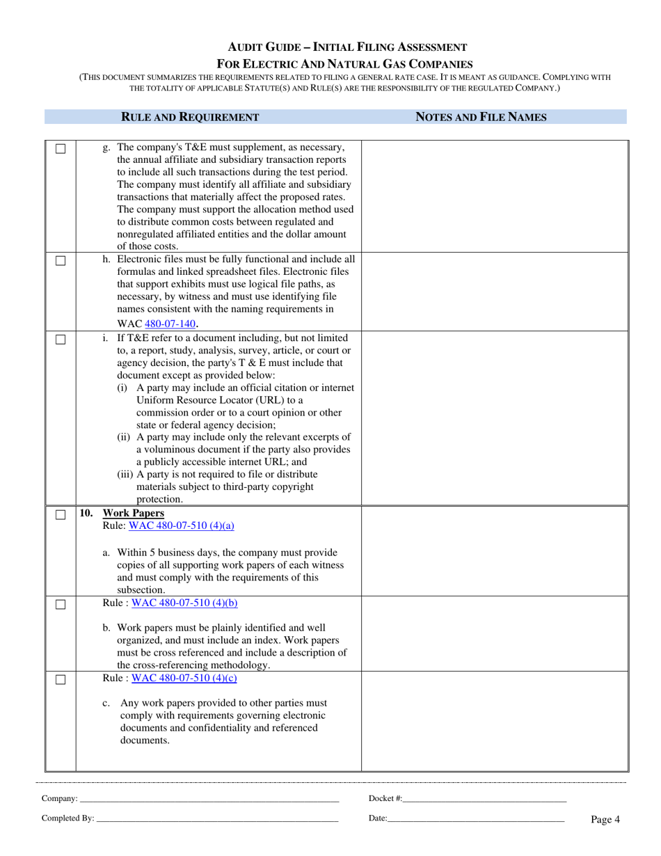 Audit Guide - Initial Filing Assessment for Electric and Natural Gas Companies - Washington, Page 4