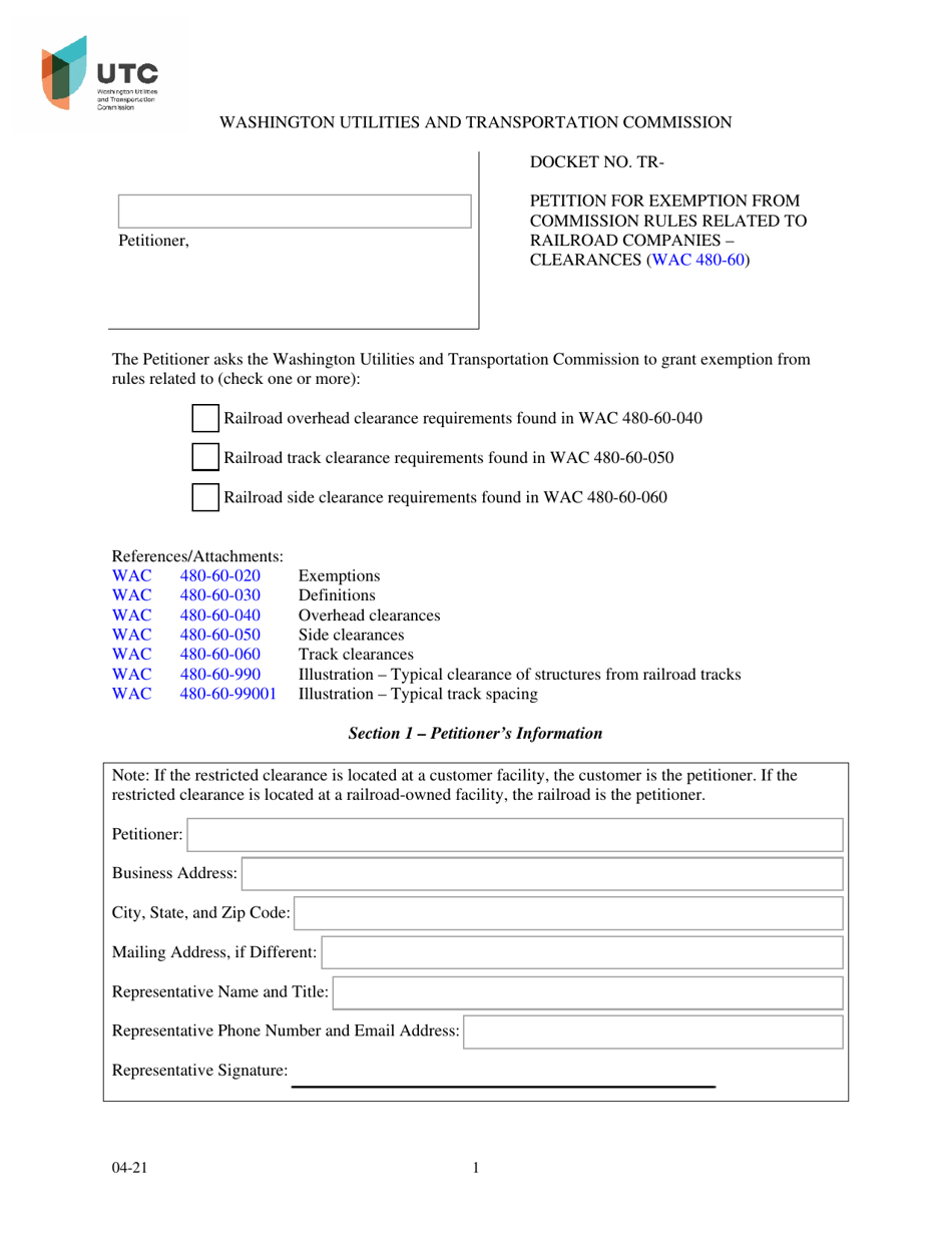 Petition for Exemption From Commission Rules Related to Railroad Companies - Clearances - Washington, Page 1