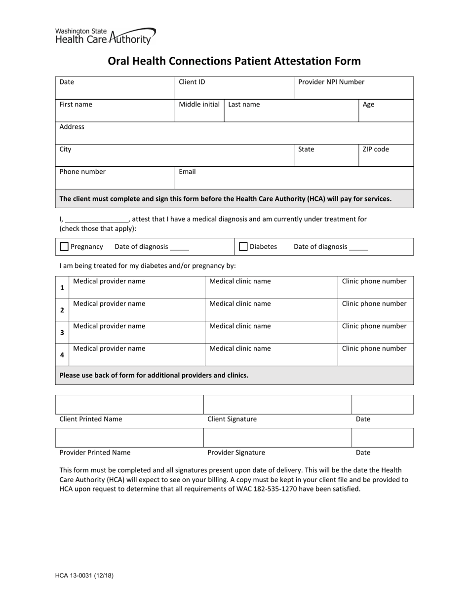 Form HCA13-0031 Oral Health Connections Patient Attestation Form - Washington, Page 1