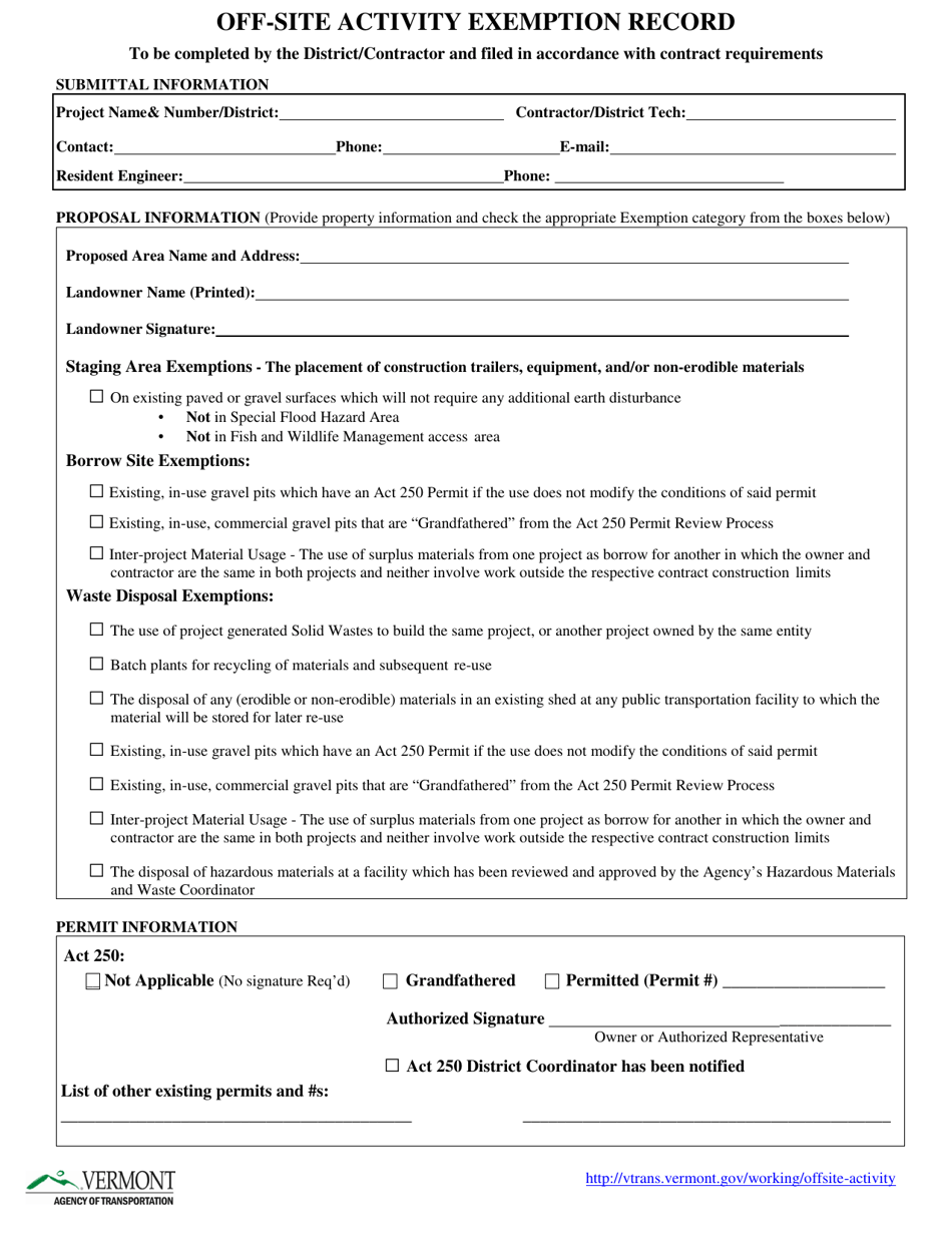 Off-Site Activity Exemption Record - Vermont, Page 1