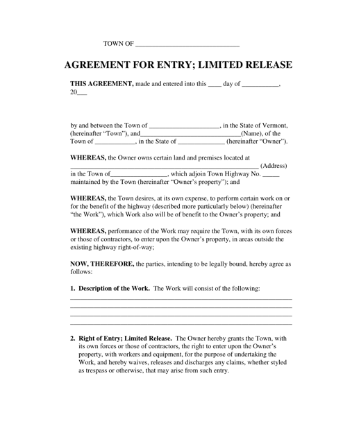 Agreement for Entry; Limited Release - Vermont