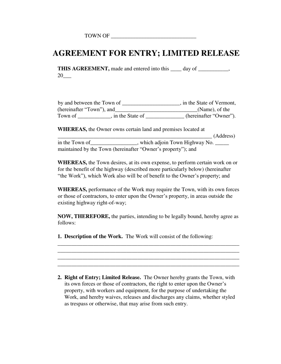 Agreement for Entry; Limited Release - Vermont, Page 1