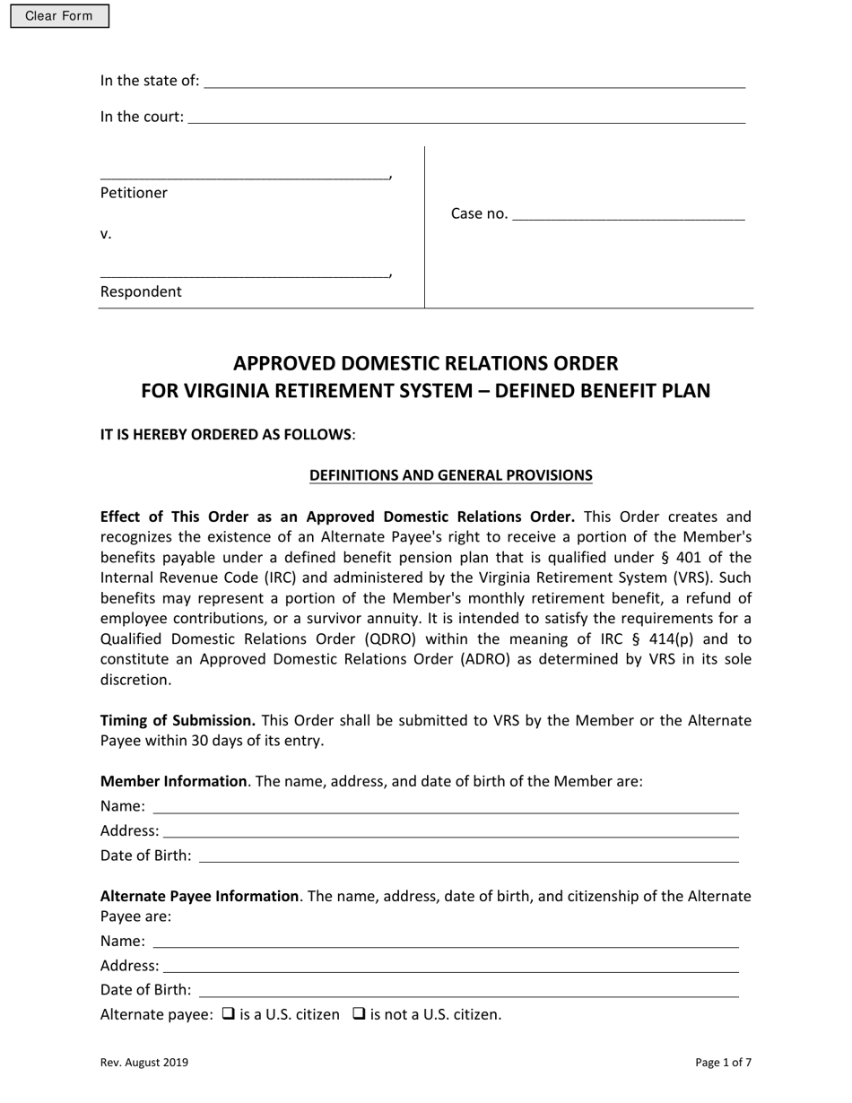 Virginia Approved Domestic Relations Order Defined Benefit Plan