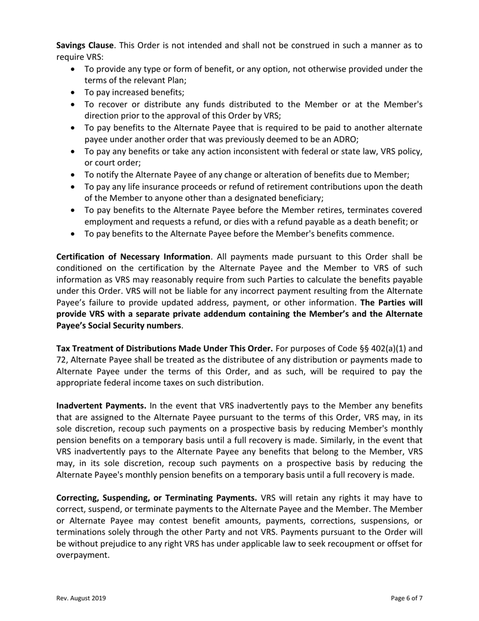 Approved Domestic Relations Order - Defined Benefit Plan - Virginia, Page 6