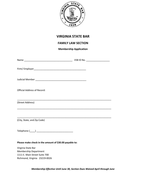 Family Law Section Membership Application - Virginia Download Pdf