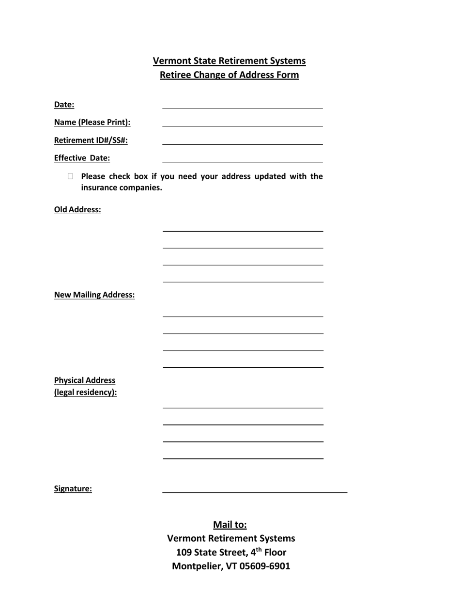 Retiree Change of Address Form - Vermont, Page 1