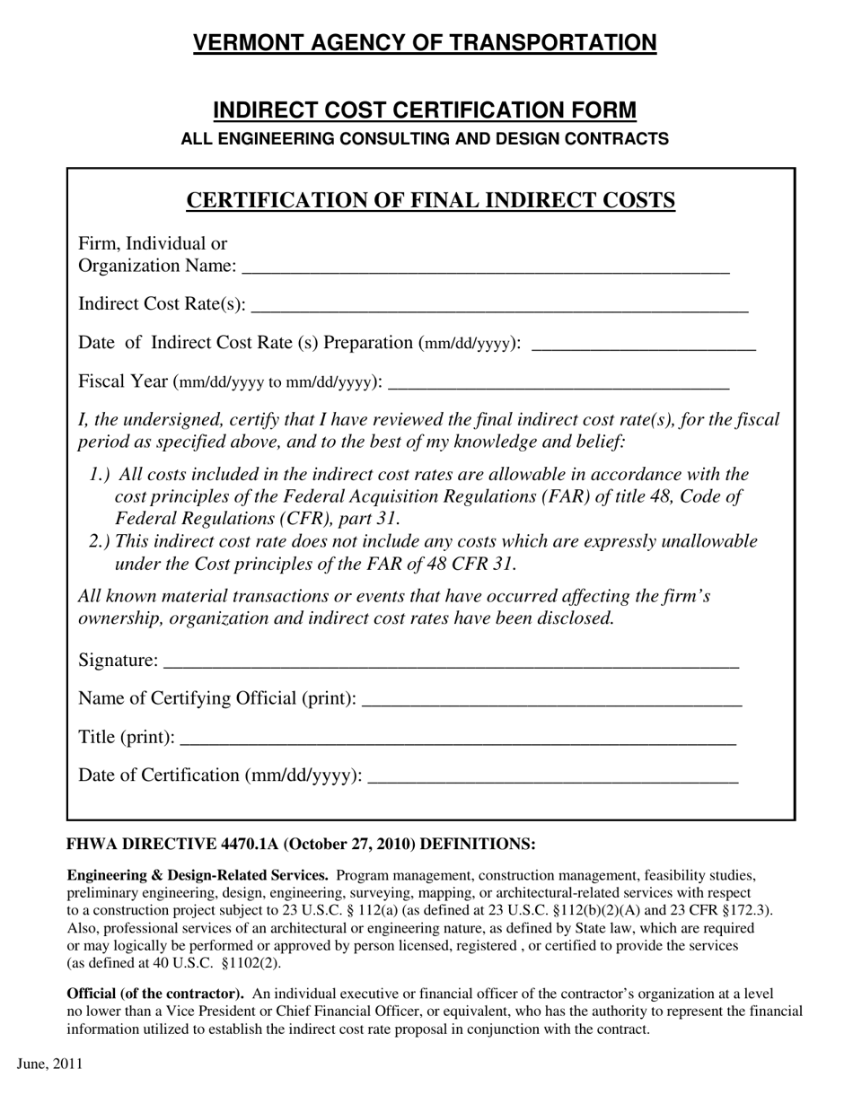 Indirect Cost Certification Form - Vermont, Page 1