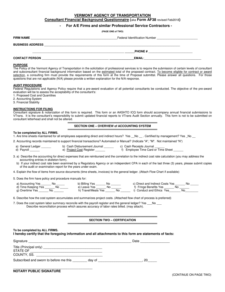 Form AF38 Consultant Financial Background Questionnaire - Vermont, Page 1