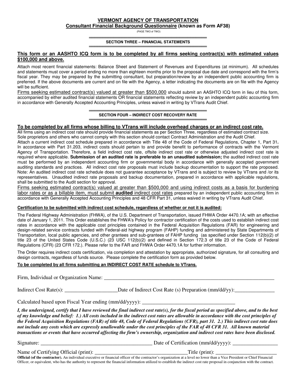 Form AF38 Consultant Financial Background Questionnaire - Vermont, Page 2