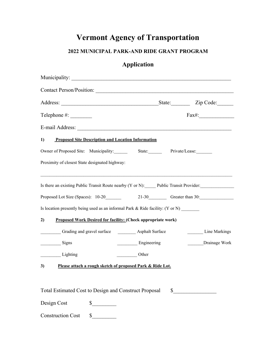 Municipal Park and Ride Grant Program Application - Vermont, Page 1