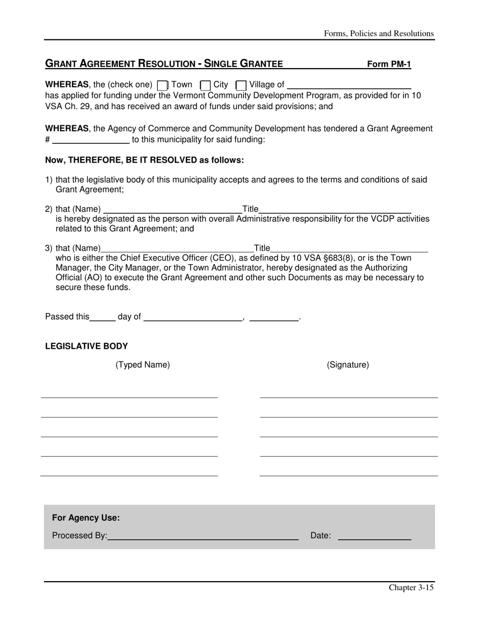 Form PM-1 Grant Agreement Resolution - Single Grantee - Vermont, Page 1