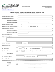 &quot;Aircraft/Vehicle/Equipment Accident and Incident Evaluation Form&quot; - Vermont