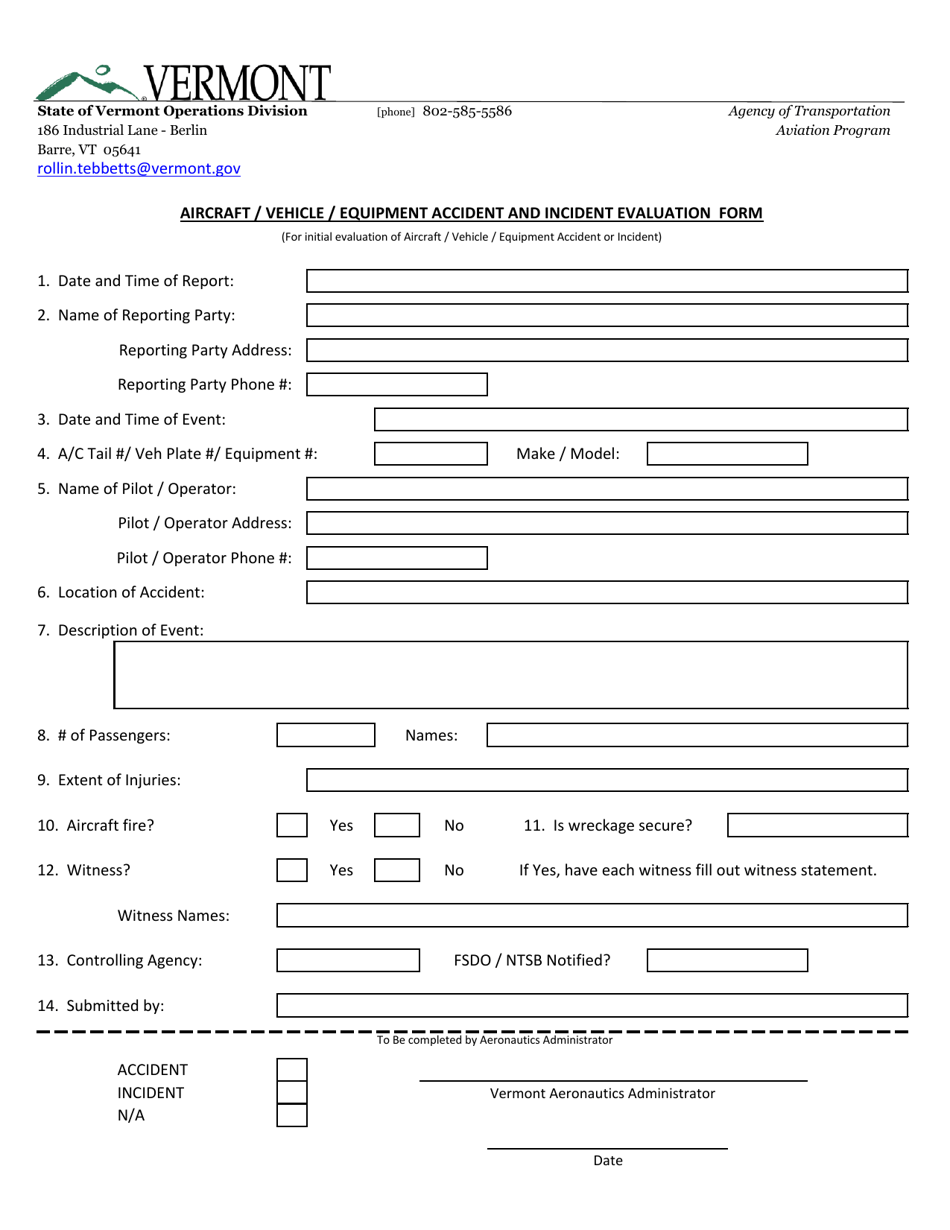 Aircraft / Vehicle / Equipment Accident and Incident Evaluation Form - Vermont, Page 1