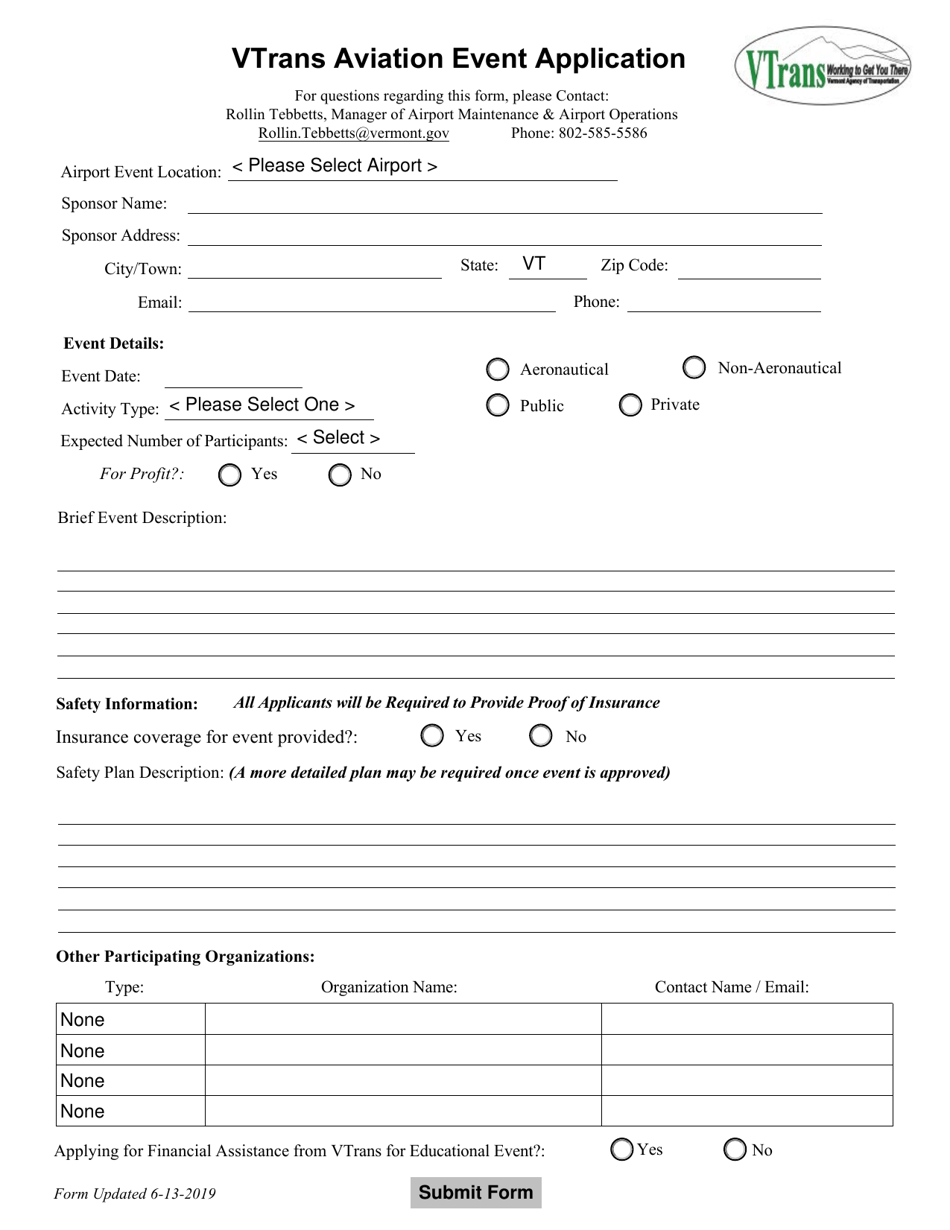 Vtrans Aviation Event Application - Vermont, Page 1