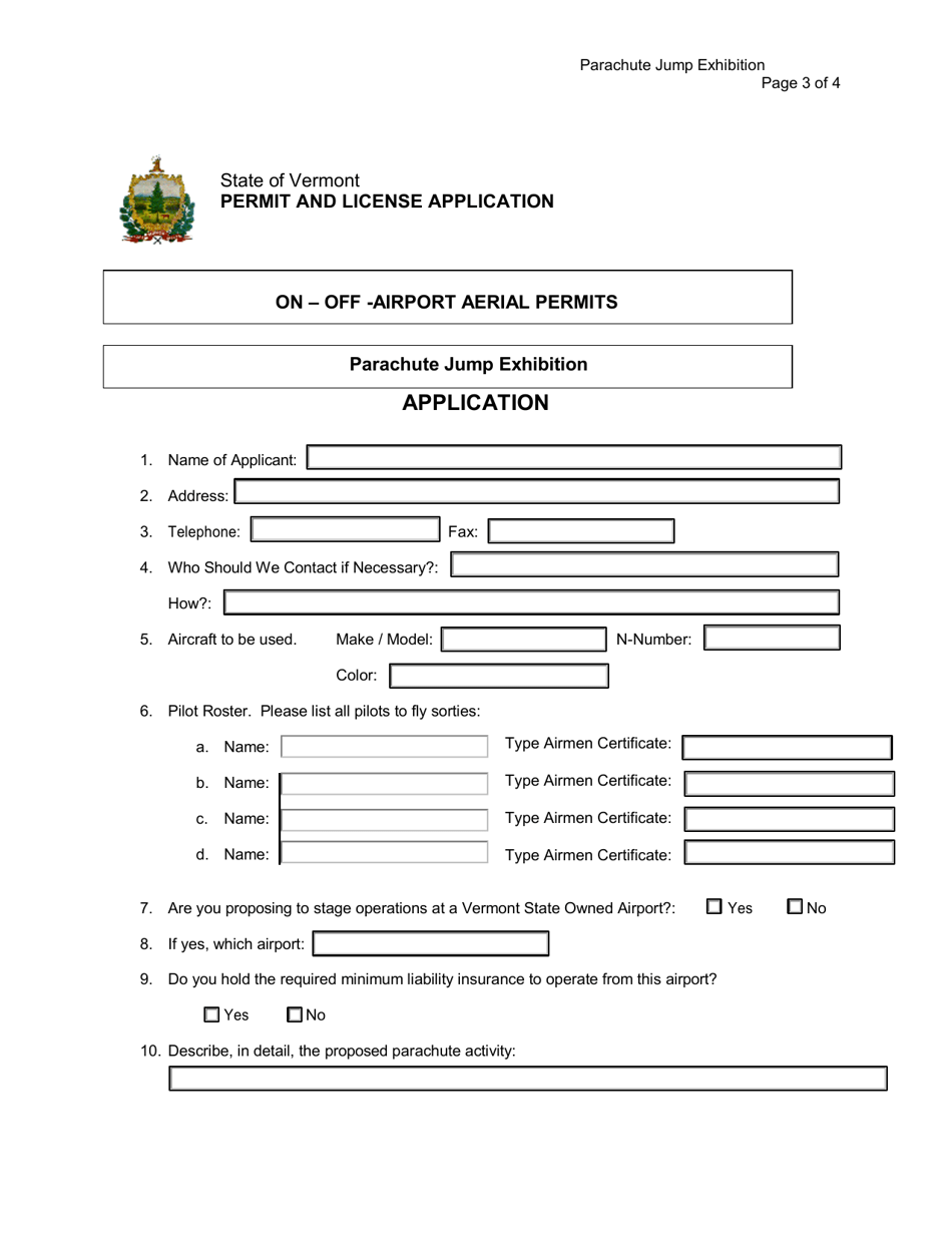 Vermont Permit and License Application Parachute Jump Exhibition