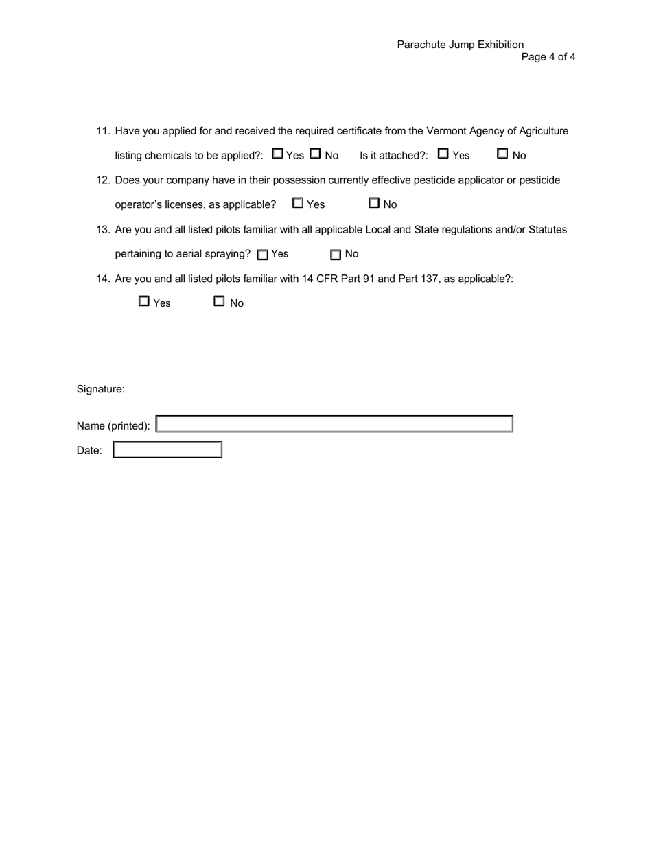 Permit and License Application - Parachute Jump Exhibition - Vermont, Page 4