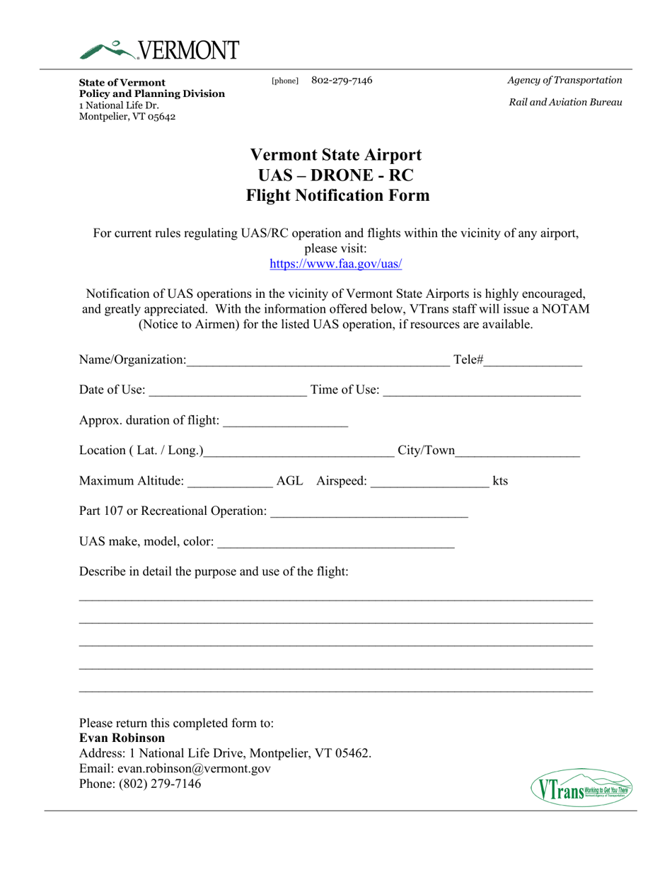 Vermont State Airport Uas - Drone - RC Flight Notification Form - Vermont, Page 1
