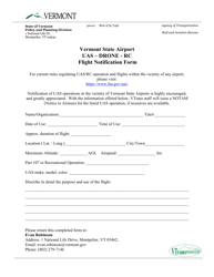 &quot;Vermont State Airport Uas - Drone - RC Flight Notification Form&quot; - Vermont