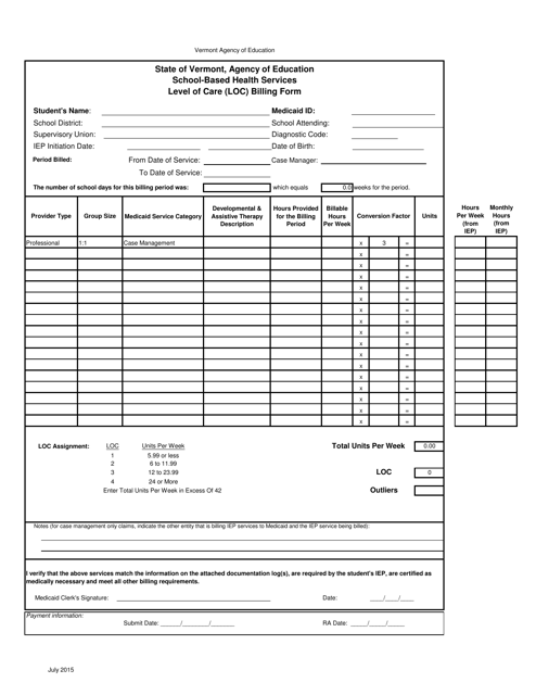 School-Based Health Services Level of Care (Loc) Billing Form - Vermont Download Pdf