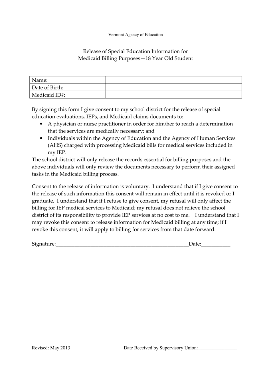 Release of Special Education Information for Medicaid Billing Purposes - 18 Year Old Student - Vermont, Page 1