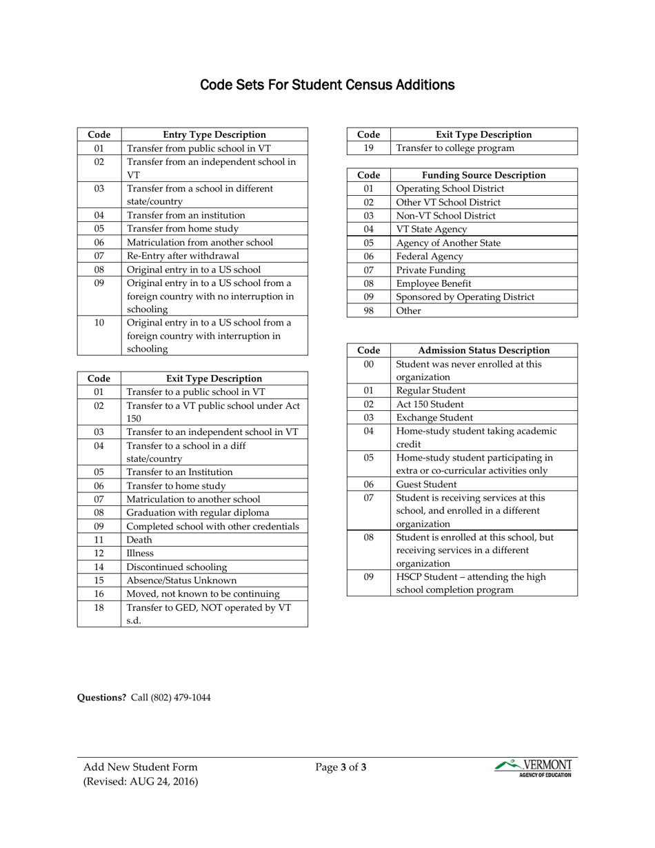 Add New Student to Student Census Form - Vermont, Page 3