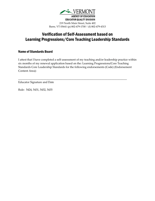 Verification of Self-assessment Based on Learning Progressions / Core Teaching Leadership Standards - Vermont Download Pdf