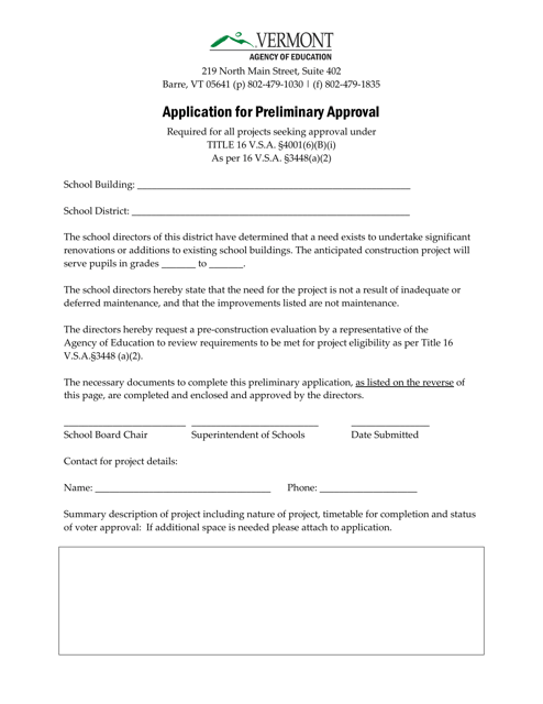 Application for Preliminary Approval - Vermont Download Pdf