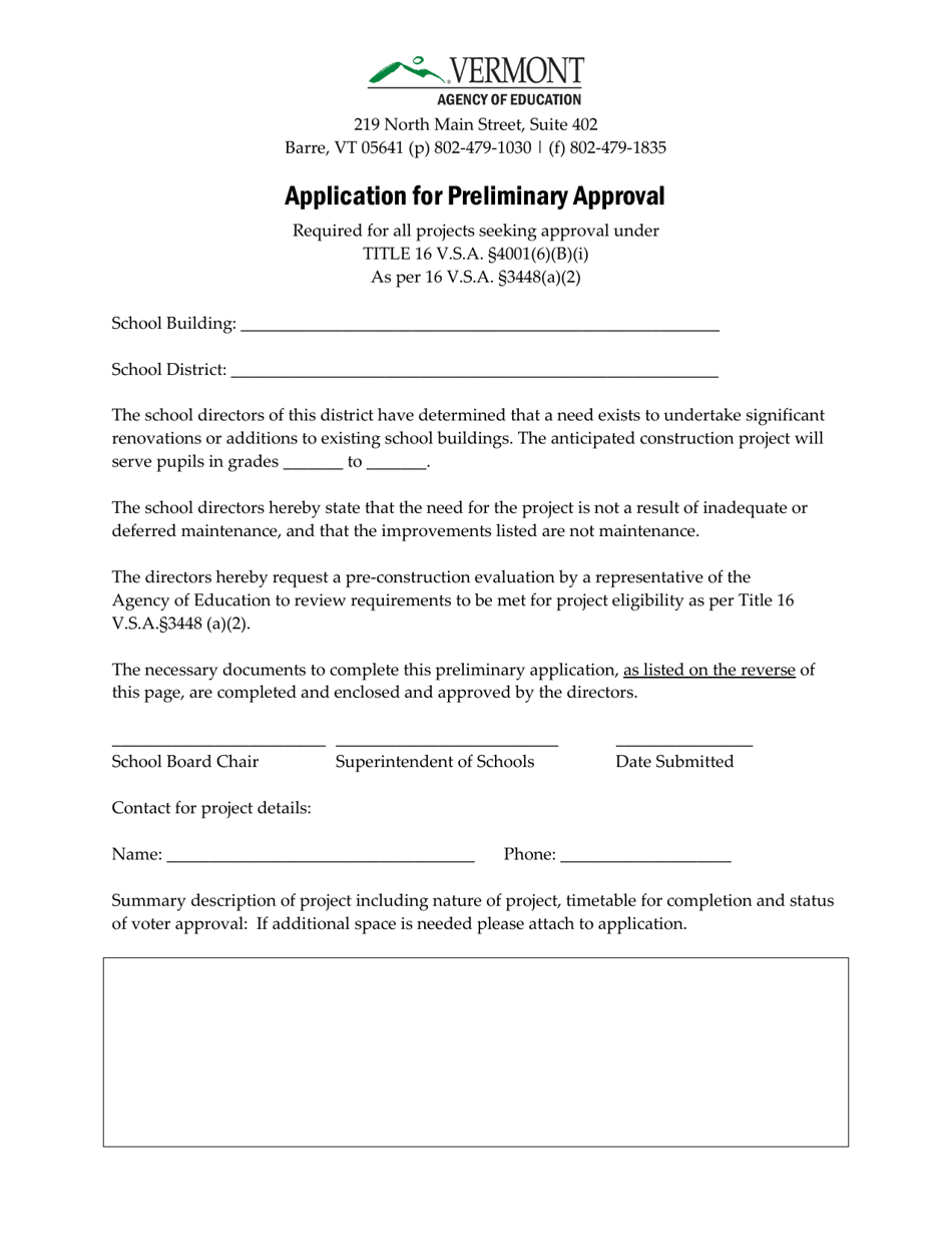 Application for Preliminary Approval - Vermont, Page 1