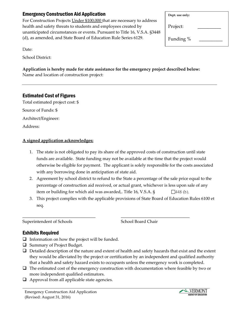 Emergency Construction Aid Application - Vermont, Page 1