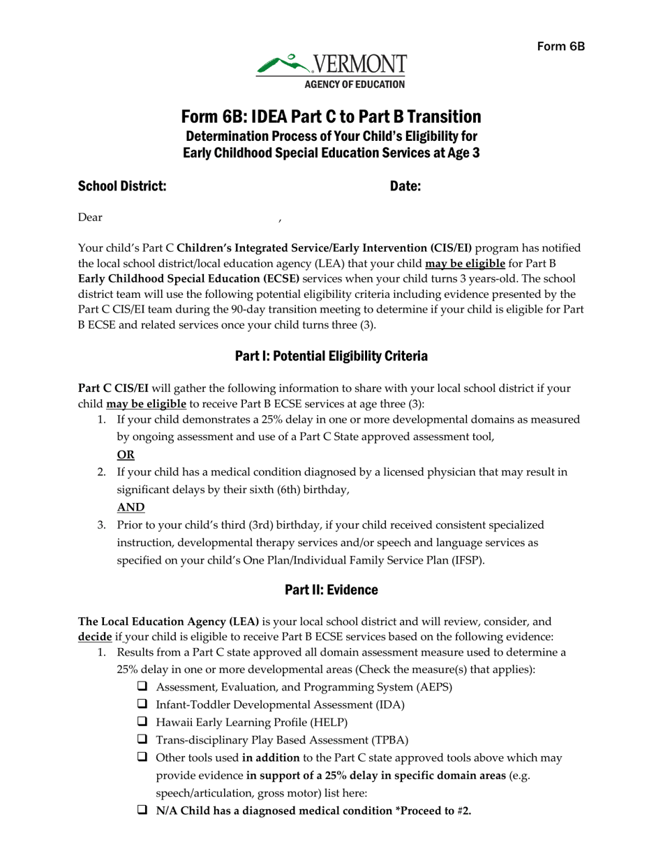 Form 6B Idea Part C to Part B Transition - Vermont, Page 1