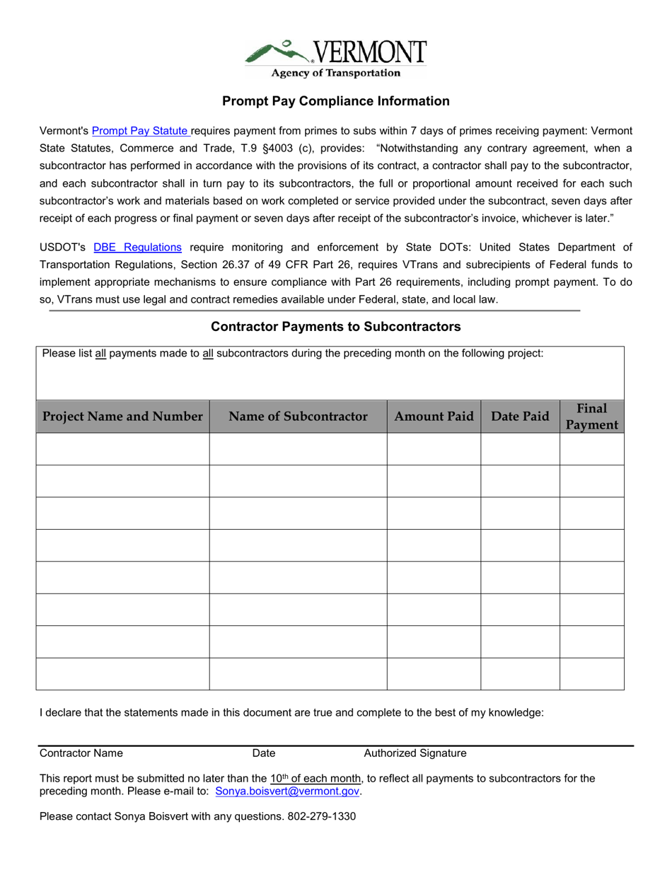 Prompt Pay Compliance Information - Vermont, Page 1