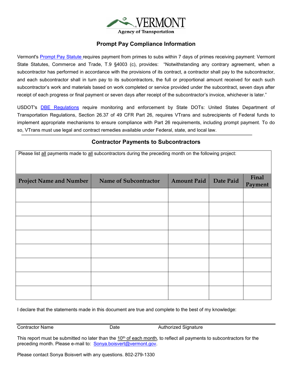 Vermont Prompt Pay Compliance Information Fill Out, Sign Online and