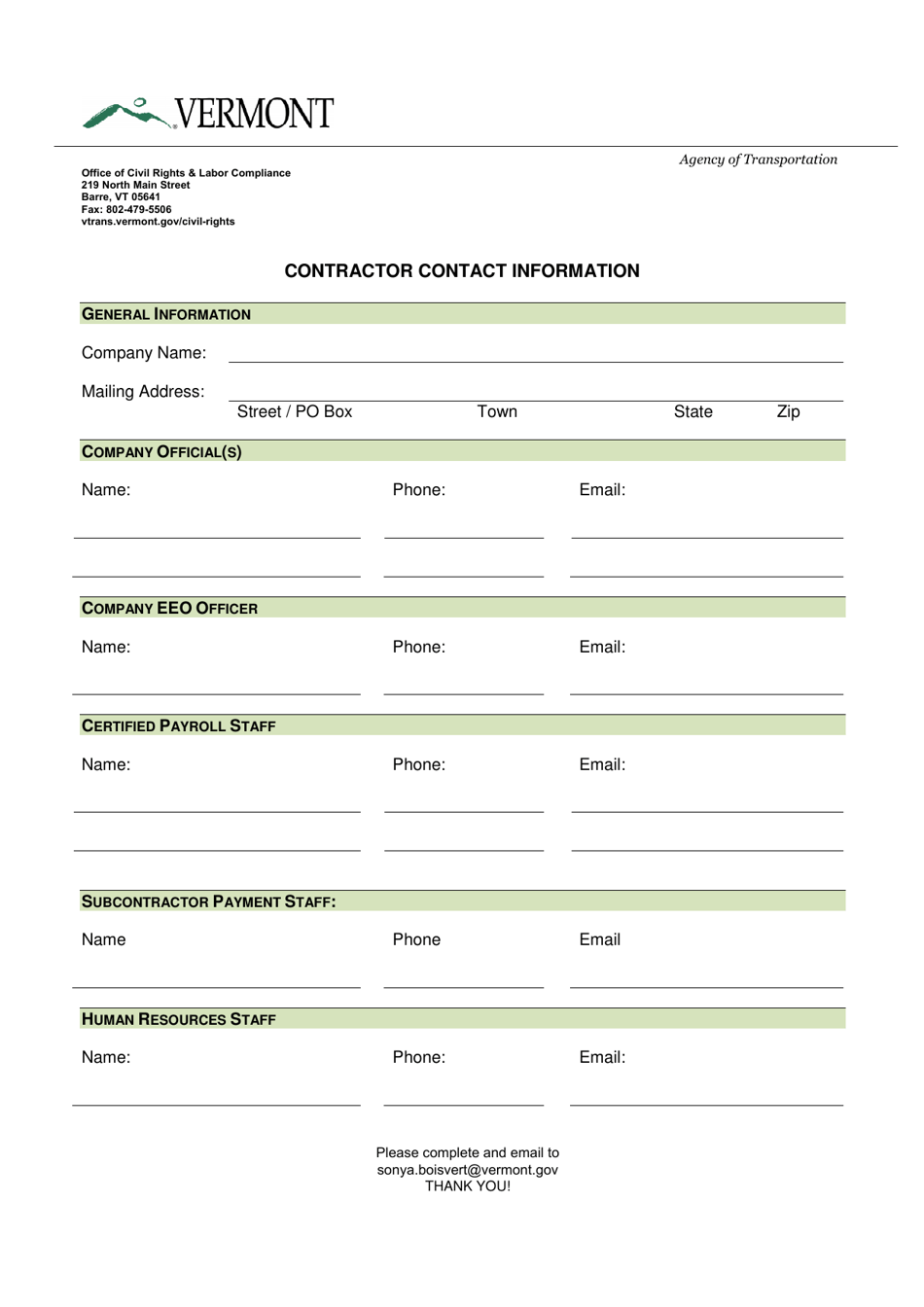 Contractor Contact Information - Vermont, Page 1