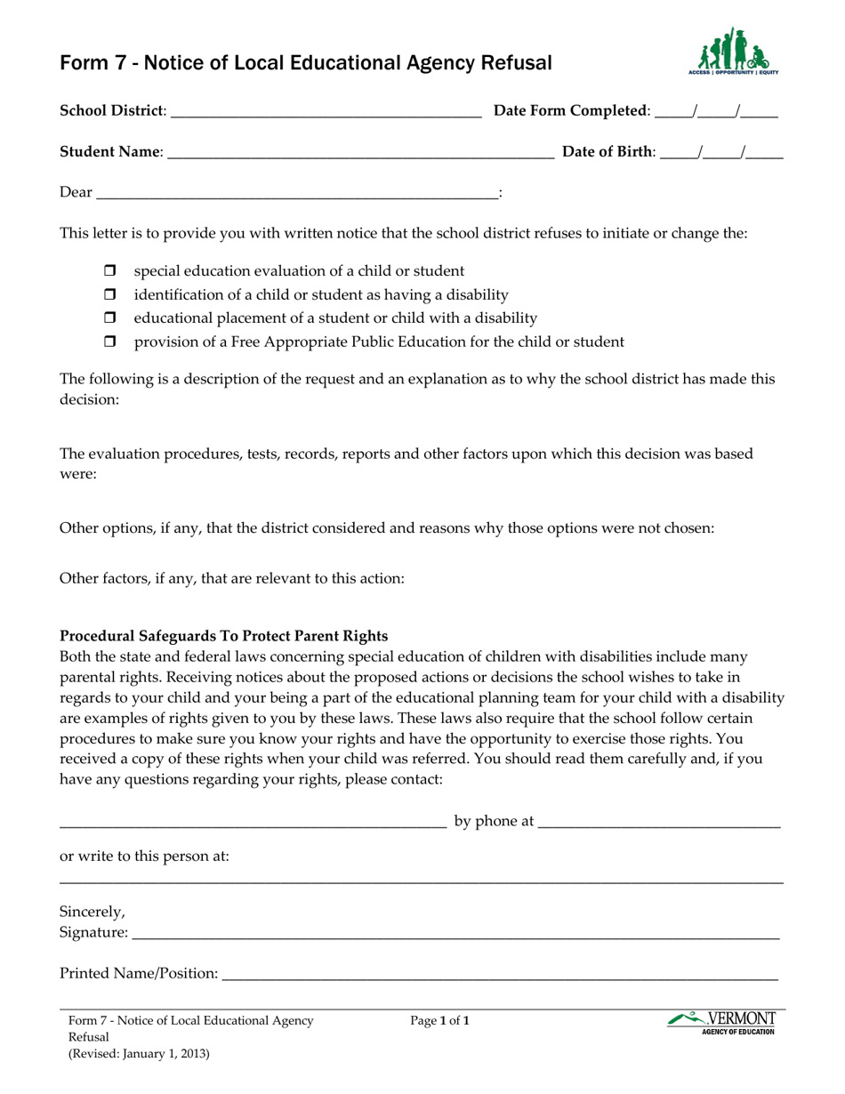 Form 7 Notice of Local Educational Agency Refusal - Vermont, Page 1
