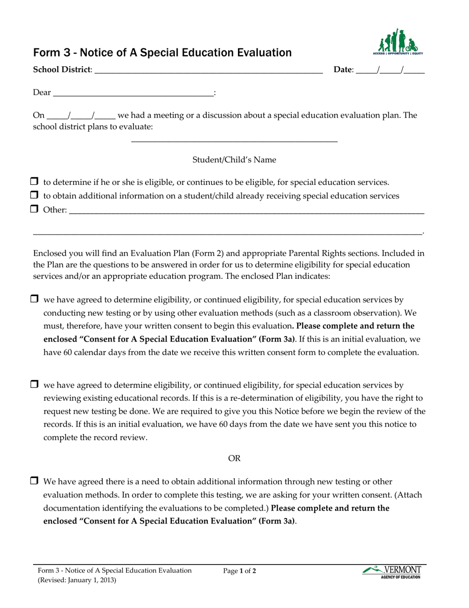 Form 3 Notice of a Special Education Evaluation - Vermont, Page 1