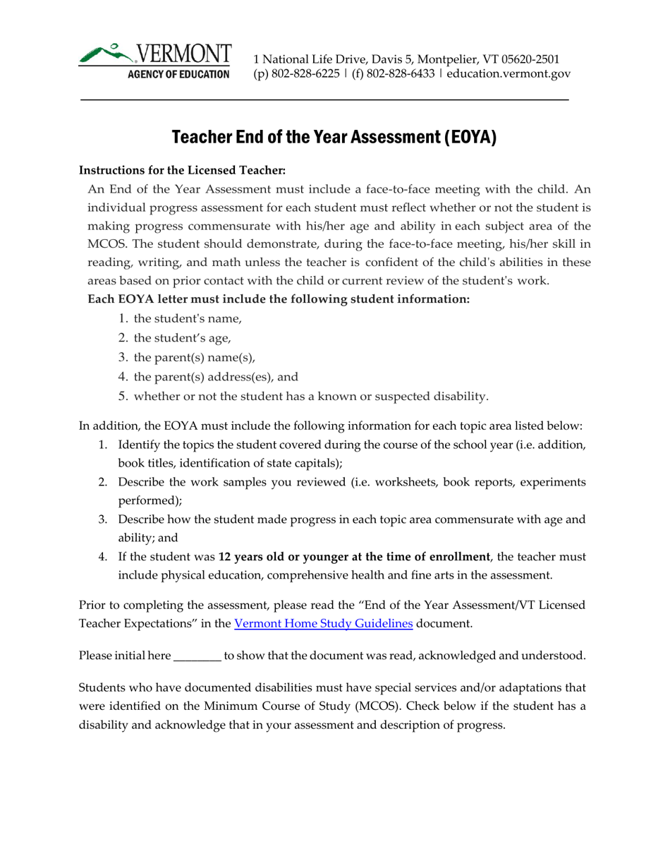 Teacher End of the Year Assessment (Eoya) - Vermont, Page 1