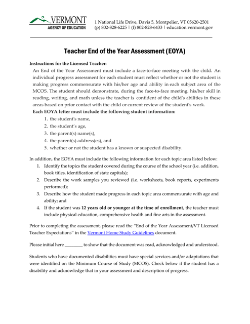 Teacher End of the Year Assessment (Eoya) - Vermont Download Pdf