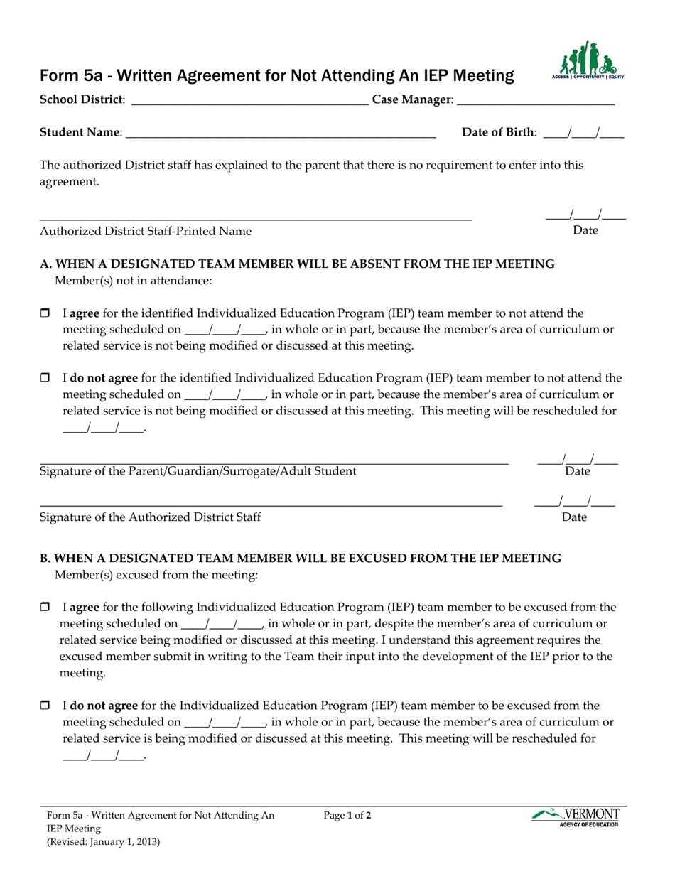 Form 5A Written Agreement for Not Attending an Iep Meeting - Vermont, Page 1