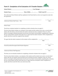 Form 9 &quot;Completion of an Evaluation of a Transfer Student&quot; - Vermont