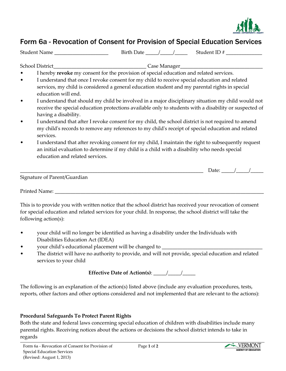 Form 6A Revocation of Consent for Provision of Special Education Services - Vermont, Page 1